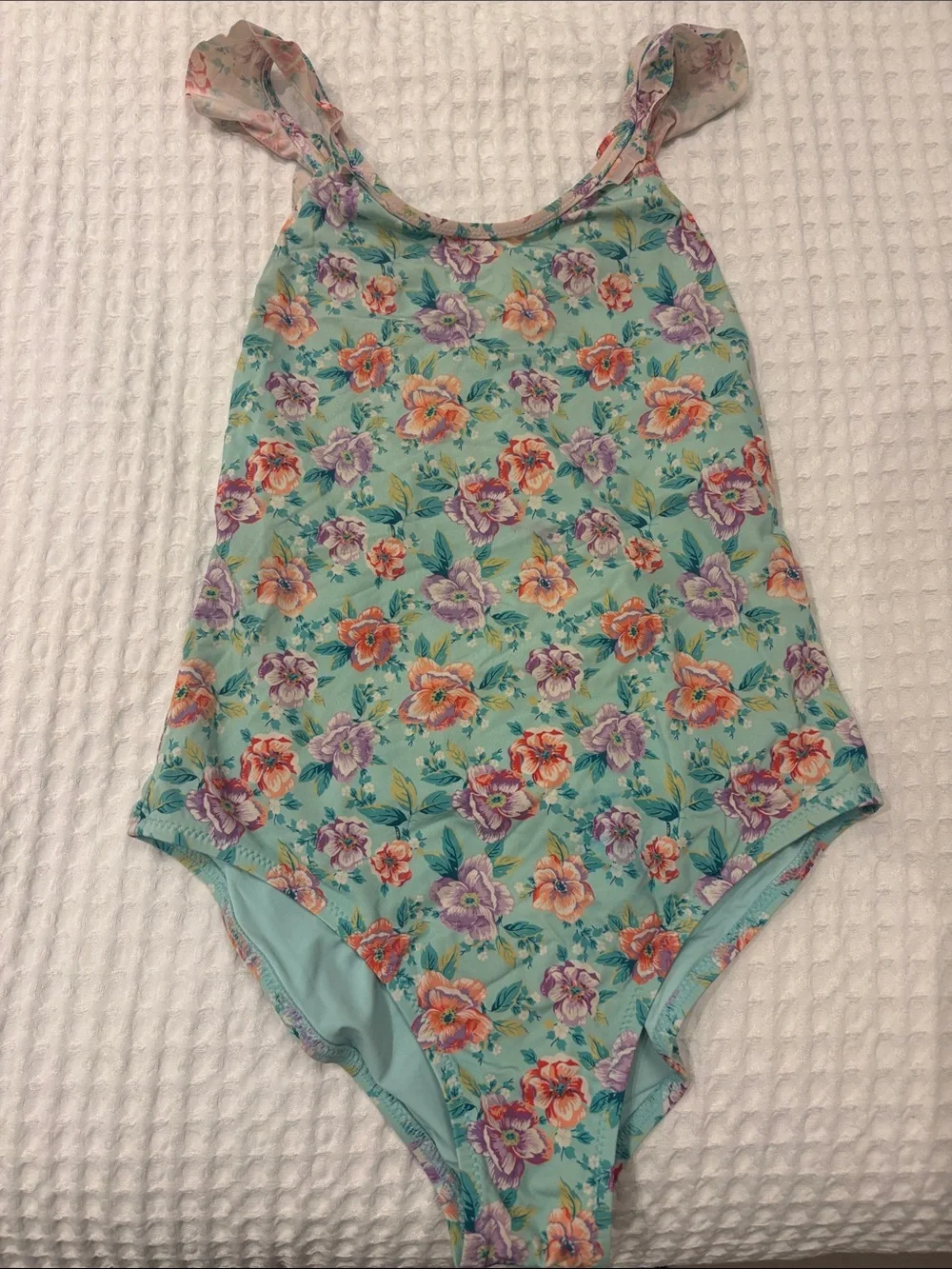 Little Girls' Aqua Floral One-Piece Swimsuit with Ruffle Straps